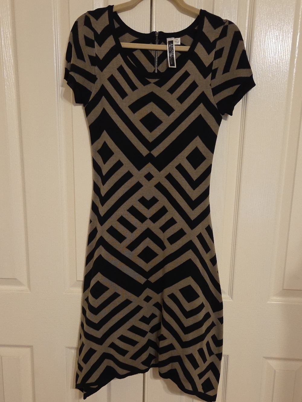Julian Taylor Black and Tan Geometric Fit & Flare Sweater Dress